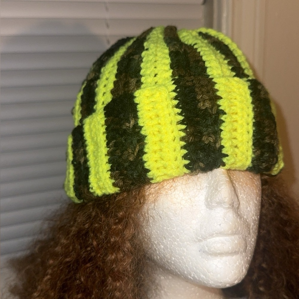 Striped Knit Beanie - Neon Green and Brown